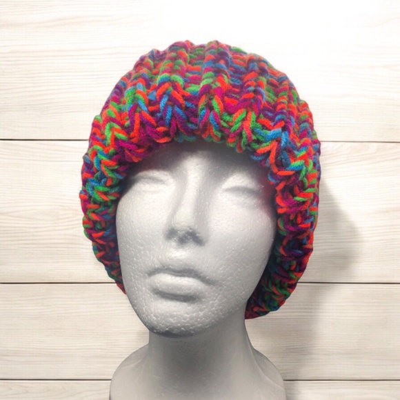Chunky Ribbed Knit Toboggan Dark Neon Beanie Folded Brim Hat - Picture 13 of 17